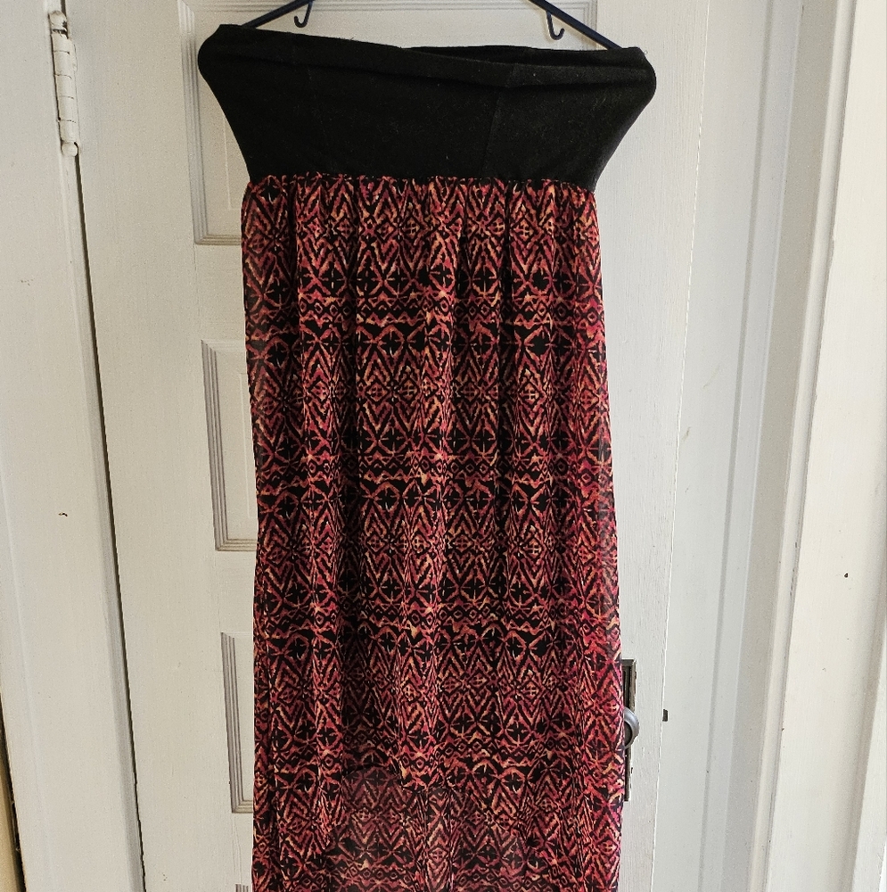 Red and Black Smocked High Low Maxi Dress